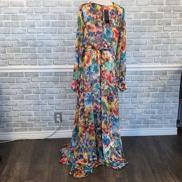 Karen J Chiffon Watercolor Floral Maxi Dress Long Sleeve L Made in USA Feminine - Picture 3 of 10